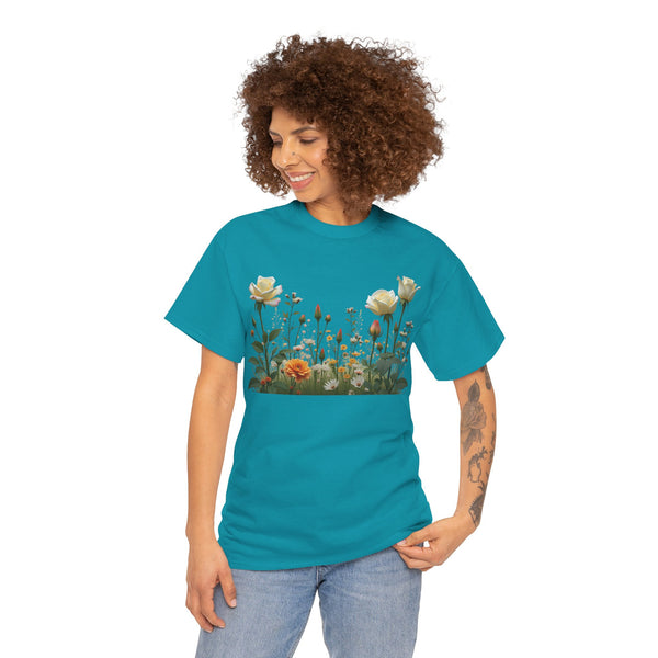 Wildflowers and White Roses, Graphic T-Shirts for Women, Floral Shirt, Womens Short Sleeve, Ladies Graphic Tees #5039TTS