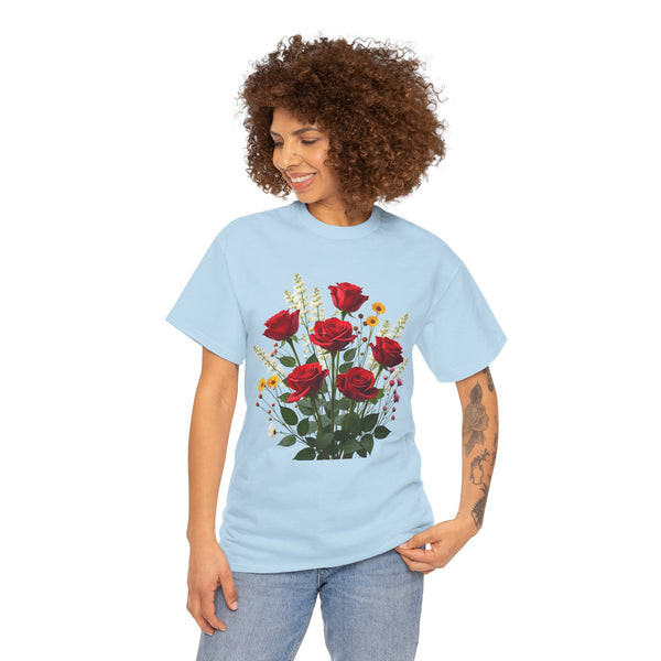 Wildflowers and Red Roses, Graphic T-Shirts for Women, Floral Shirt, Womens Short Sleeve, Ladies Graphic Tees #5128TTS