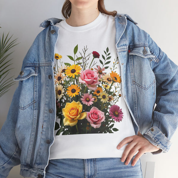 Wildflowers and Pink & Yellow Roses, Graphic T-Shirts for Women, Floral Shirt, Womens Short Sleeve, Ladies Graphic Tees #5150TTS