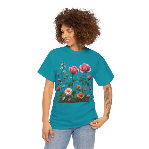 Wildflowers and Pink Roses, Graphic T-Shirts for Women, Floral Shirt, Womens Short Sleeve, Ladies Graphic Tees #5013TTS
