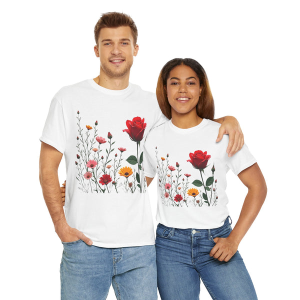 Wildflowers and a Red Rose, Graphic T-Shirts for Women, Floral Shirt, Womens Short Sleeve, Ladies Graphic Tees #5006TTS