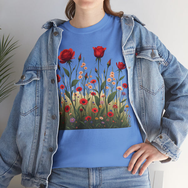 Wildflowers and Red Roses, Graphic T-Shirts for Women, Floral Shirt, Womens Short Sleeve, Ladies Graphic Tees #5032TTS