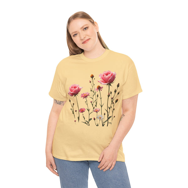 Wildflowers and Pink Roses, Graphic T-Shirts for Women, Floral Shirt, Womens Short Sleeve, Ladies Graphic Tees #5018TTS