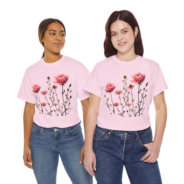 Wildflowers and Pink Roses, Graphic T-Shirts for Women, Floral Shirt, Womens Short Sleeve, Ladies Graphic Tees #5018TTS