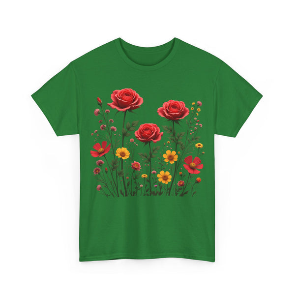 Wildflowers and Red Roses, Graphic T-Shirts for Women, Floral Shirt, Womens Short Sleeve, Ladies Graphic Tees #5034TTS