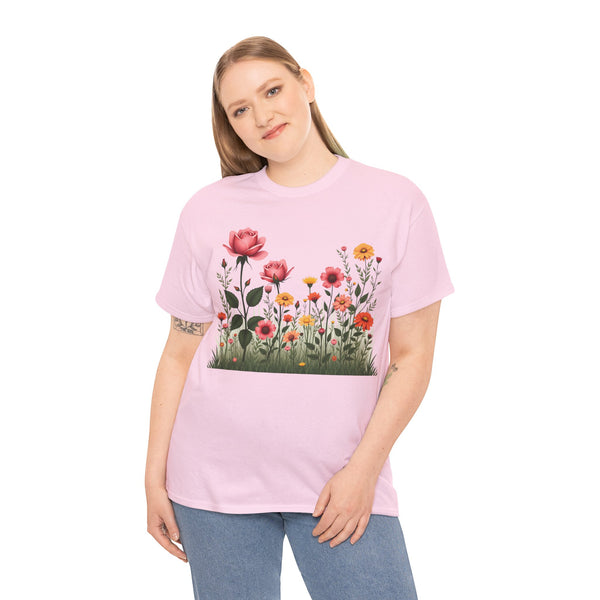 Wildflowers and Pink Roses, Graphic T-Shirts for Women, Floral Shirt, Womens Short Sleeve, Ladies Graphic Tees #5020TTS