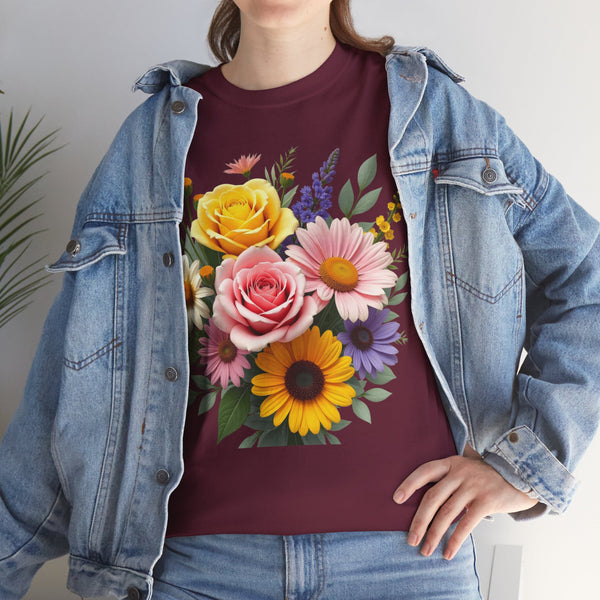 Wildflowers and Pink & Yellow Roses, Graphic T-Shirts for Women, Floral Shirt, Womens Short Sleeve, Ladies Graphic Tees #5145TTS