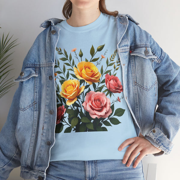 Wildflowers and Pink & Yellow Roses, Graphic T-Shirts for Women, Floral Shirt, Womens Short Sleeve, Ladies Graphic Tees #5149TTS