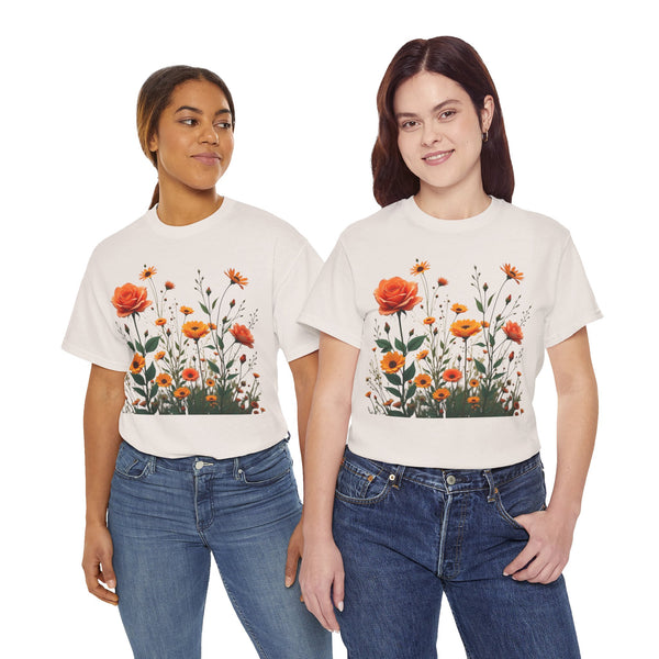 Wildflowers and Orange Roses, Graphic T-Shirts for Women, Floral Shirt, Womens Short Sleeve, Ladies Graphic Tees #5046TTS