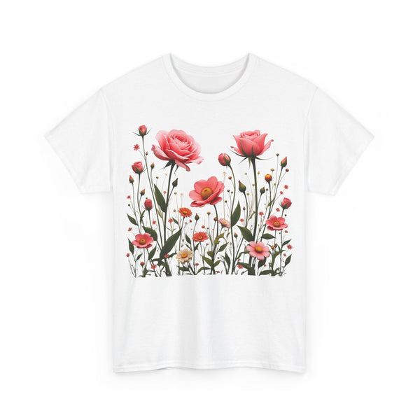 Wildflowers and Pink Roses, Graphic T-Shirts for Women, Floral Shirt, Womens Short Sleeve, Ladies Graphic Tees #5022TTS