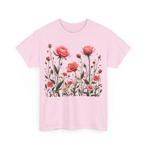 Wildflowers and Pink Roses, Graphic T-Shirts for Women, Floral Shirt, Womens Short Sleeve, Ladies Graphic Tees #5022TTS