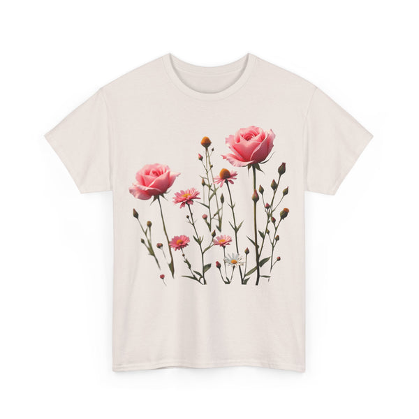 Wildflowers and Pink Roses, Graphic T-Shirts for Women, Floral Shirt, Womens Short Sleeve, Ladies Graphic Tees #5018TTS