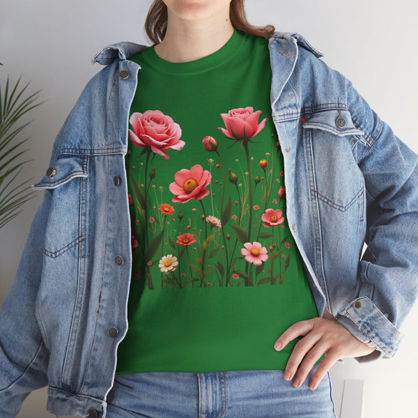 Wildflowers and Pink Roses, Graphic T-Shirts for Women, Floral Shirt, Womens Short Sleeve, Ladies Graphic Tees #5022TTS