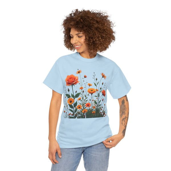 Wildflowers and Orange Roses, Graphic T-Shirts for Women, Floral Shirt, Womens Short Sleeve, Ladies Graphic Tees #5046TTS