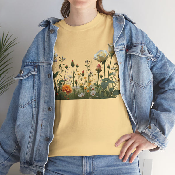 Wildflowers and White Roses, Graphic T-Shirts for Women, Floral Shirt, Womens Short Sleeve, Ladies Graphic Tees #5039TTS