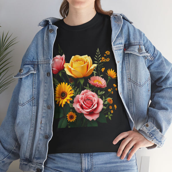 Wildflowers and Pink & Yellow Roses, Graphic T-Shirts for Women, Floral Shirt, Womens Short Sleeve, Ladies Graphic Tees #5146TTS