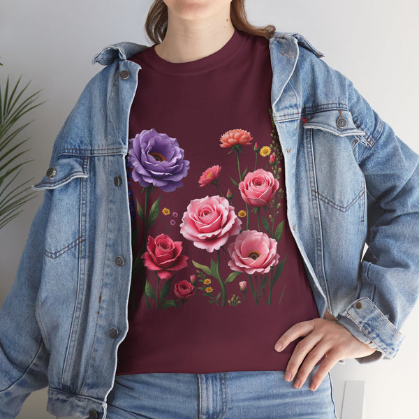 Wildflowers and Pink/Violet Roses, Graphic T-Shirts for Women, Floral Shirt, Womens Short Sleeve, Ladies Graphic Tees #5100TTS