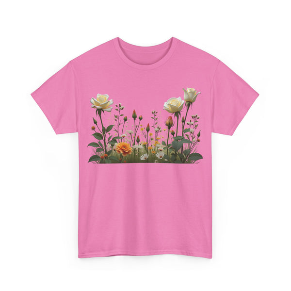 Wildflowers and White Roses, Graphic T-Shirts for Women, Floral Shirt, Womens Short Sleeve, Ladies Graphic Tees #5039TTS