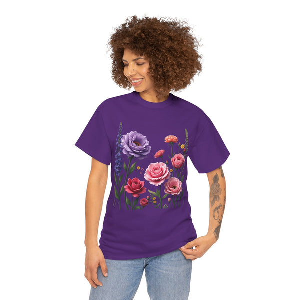 Wildflowers and Pink/Violet Roses, Graphic T-Shirts for Women, Floral Shirt, Womens Short Sleeve, Ladies Graphic Tees #5100TTS