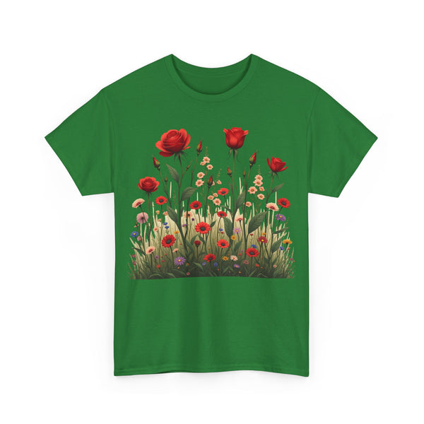Wildflowers and Red Roses, Graphic T-Shirts for Women, Floral Shirt, Womens Short Sleeve, Ladies Graphic Tees #5032TTS