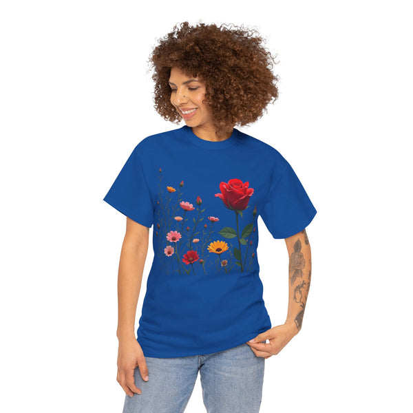 Wildflowers and a Red Rose, Graphic T-Shirts for Women, Floral Shirt, Womens Short Sleeve, Ladies Graphic Tees #5006TTS
