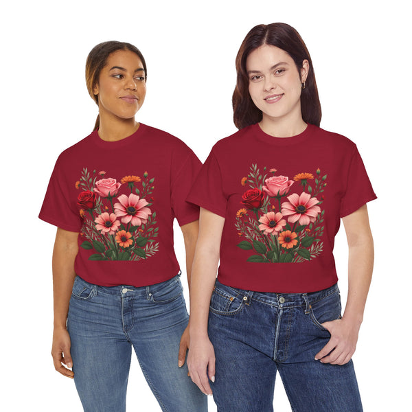 Wildflowers and Pink & Red Roses, Graphic T-Shirts for Women, Floral Shirt, Womens Short Sleeve, Ladies Graphic Tees #5133TTS