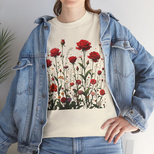 Wildflowers and Red Roses, Graphic T-Shirts for Women, Floral Shirt, Womens Short Sleeve, Ladies Graphic Tees #5035TTS
