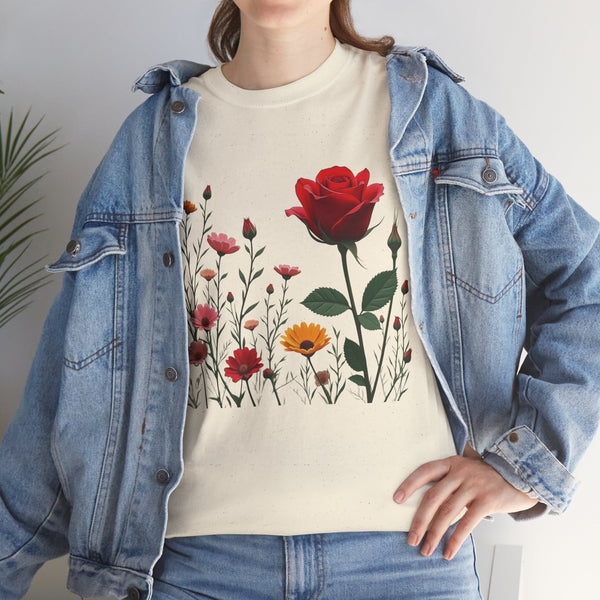 Wildflowers and a Red Rose, Graphic T-Shirts for Women, Floral Shirt, Womens Short Sleeve, Ladies Graphic Tees #5006TTS