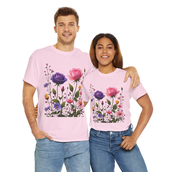 Wildflowers and Pink/Violet Roses, Graphic T-Shirts for Women, Floral Shirt, Womens Short Sleeve, Ladies Graphic Tees #5101TTS