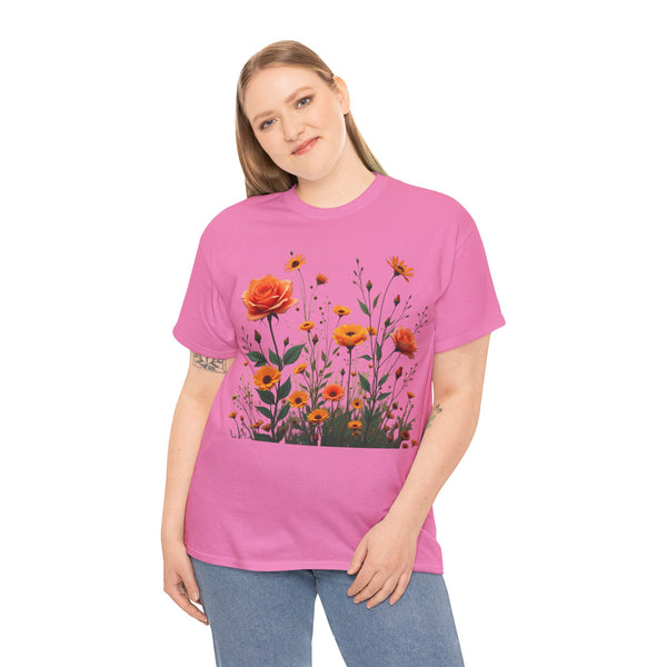 Wildflowers and Orange Roses, Graphic T-Shirts for Women, Floral Shirt, Womens Short Sleeve, Ladies Graphic Tees #5046TTS