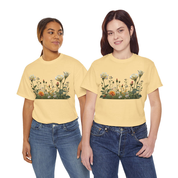 Wildflowers and White Roses, Graphic T-Shirts for Women, Floral Shirt, Womens Short Sleeve, Ladies Graphic Tees #5039TTS