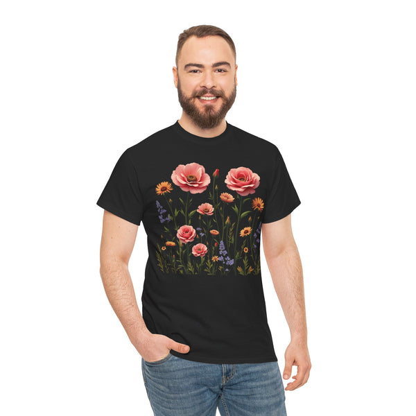 Wildflowers and Pink Roses, Graphic T-Shirts for Women, Floral Shirt, Womens Short Sleeve, Ladies Graphic Tees #5015TTS