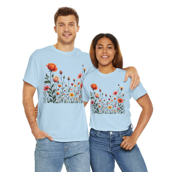 Wildflowers and Orange Roses, Graphic T-Shirts for Women, Floral Shirt, Womens Short Sleeve, Ladies Graphic Tees #5042TTS