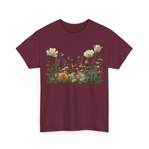 Wildflowers and White Roses, Graphic T-Shirts for Women, Floral Shirt, Womens Short Sleeve, Ladies Graphic Tees #5039TTS
