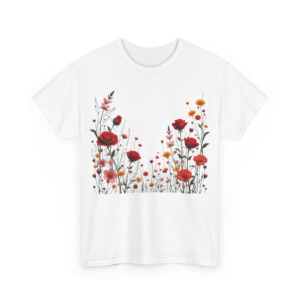 Wildflowers and Red Roses, Graphic T-Shirts for Women, Floral Shirt, Womens Short Sleeve, Ladies Graphic Tees #5033TTS
