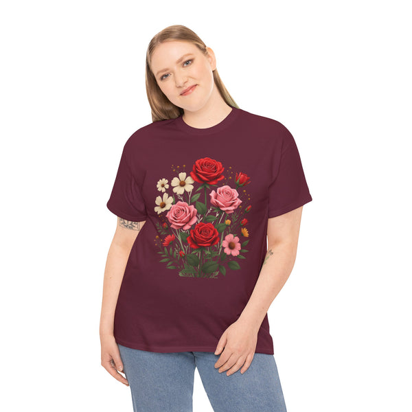 Wildflowers and Pink & Red Roses, Graphic T-Shirts for Women, Floral Shirt, Womens Short Sleeve, Ladies Graphic Tees #5134TTS