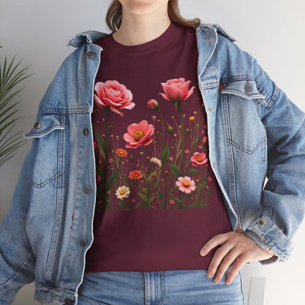 Wildflowers and Pink Roses, Graphic T-Shirts for Women, Floral Shirt, Womens Short Sleeve, Ladies Graphic Tees #5022TTS