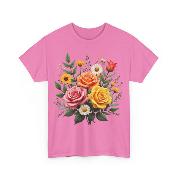 Wildflowers and Pink & Yellow Roses, Graphic T-Shirts for Women, Floral Shirt, Womens Short Sleeve, Ladies Graphic Tees #5144TTS