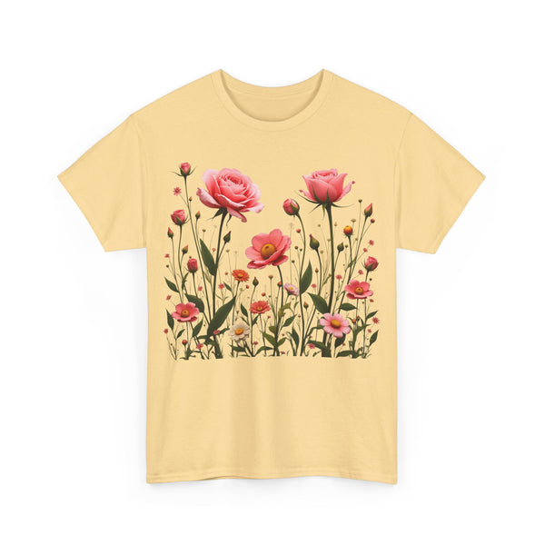 Wildflowers and Pink Roses, Graphic T-Shirts for Women, Floral Shirt, Womens Short Sleeve, Ladies Graphic Tees #5022TTS