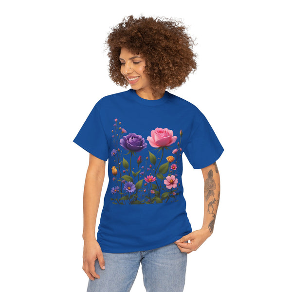 Wildflowers and Pink/Violet Roses, Graphic T-Shirts for Women, Floral Shirt, Womens Short Sleeve, Ladies Graphic Tees #5101TTS