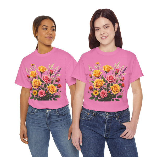 Wildflowers and Pink & Yellow Roses, Graphic T-Shirts for Women, Floral Shirt, Womens Short Sleeve, Ladies Graphic Tees #5142TTS