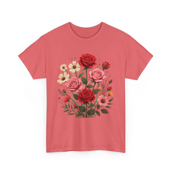 Wildflowers and Pink & Red Roses, Graphic T-Shirts for Women, Floral Shirt, Womens Short Sleeve, Ladies Graphic Tees #5134TTS