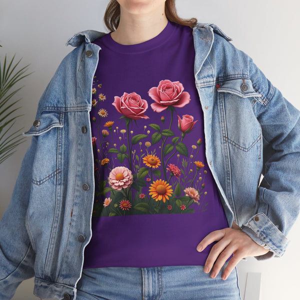 Wildflowers and Pink Roses, Graphic T-Shirts for Women, Floral Shirt, Womens Short Sleeve, Ladies Graphic Tees #5013TTS