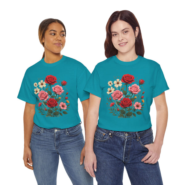 Wildflowers and Pink & Red Roses, Graphic T-Shirts for Women, Floral Shirt, Womens Short Sleeve, Ladies Graphic Tees #5134TTS