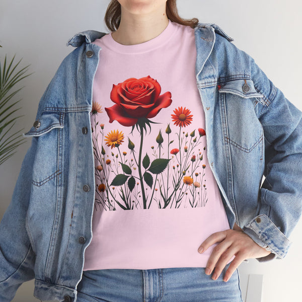 Wildflowers and a Red Rose, Graphic T-Shirts for Women, Floral Shirt, Womens Short Sleeve, Ladies Graphic Tees #5007TTS
