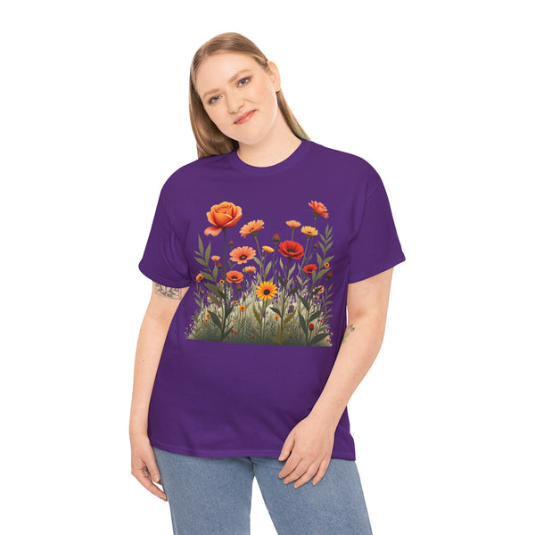 Wildflowers and Orange Roses, Graphic T-Shirts for Women, Floral Shirt, Womens Short Sleeve, Ladies Graphic Tees #5045TTS
