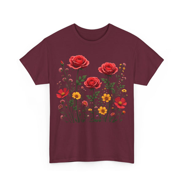 Wildflowers and Red Roses, Graphic T-Shirts for Women, Floral Shirt, Womens Short Sleeve, Ladies Graphic Tees #5034TTS