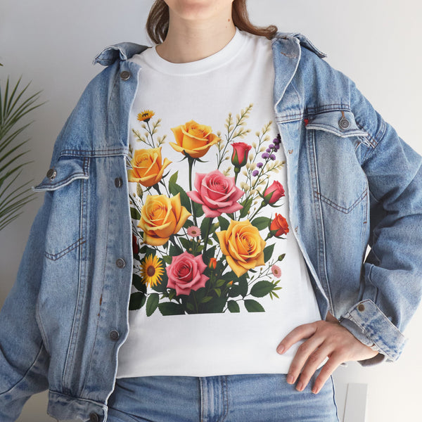 Wildflowers and Pink & Yellow Roses, Graphic T-Shirts for Women, Floral Shirt, Womens Short Sleeve, Ladies Graphic Tees #5142TTS
