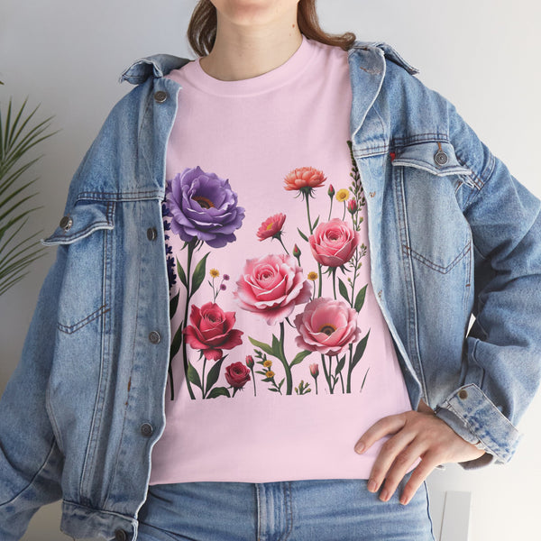 Wildflowers and Pink/Violet Roses, Graphic T-Shirts for Women, Floral Shirt, Womens Short Sleeve, Ladies Graphic Tees #5100TTS