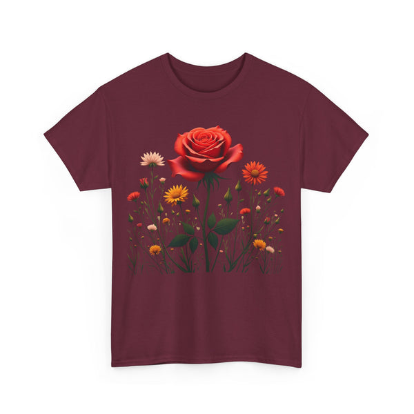 Wildflowers and a Red Rose, Graphic T-Shirts for Women, Floral Shirt, Womens Short Sleeve, Ladies Graphic Tees #5007TTS